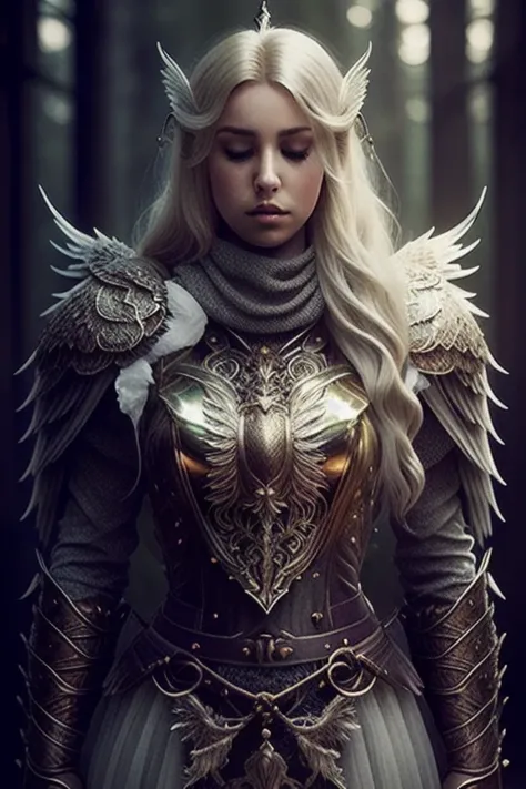 1girl, angel, stormy, cinematic, (portrait), sideface, foreshortening, angel_wings, armor, blonde_hair, white_wings, breasts, cleavage, angel_girl, feathered_wings, feathers, full_body, high_heels, halo, large_wings, long_hair, multiple_wings, solo, spread_wings, wings, depth_of_field, forest, nature, outdoors, snow, tree, realistic, photo_\(medium\), photorealistic, (ultra-detailed:1.2), ((high ornamented light armor)), detailed�light, HDR, praying, ((praying on knees)), altar