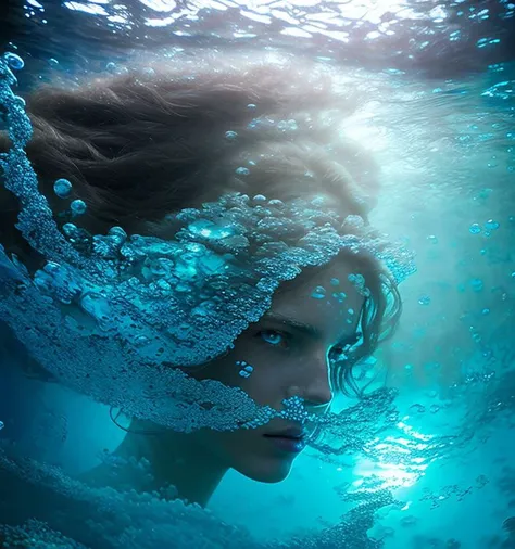 award winning photo of a woman, tough, blue eyes, ((deep sea, caustics, underwater)), dark blue ambience, coral reef background, water bubble, highly detailed,  engraved white glowing armor, windy long hair, fantasy universe, mysty, foggy, depth of field, photo realistic, nostalgia by  greg rutkowski,