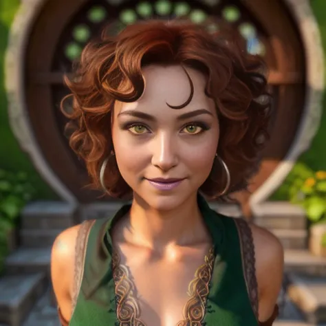 (((Front Facing View))), (Highly Detailed, HD), Beautiful, Stunning, Portrait, Character, (hobbit), feminine features, Woman, (adult), figure, mischevious expression, jovial air, ((tan)) skin, green eyes, short curly ((red)) hair, (smirk), smile, confident, self-assurance, (Symmetrical Detailed Eyes)