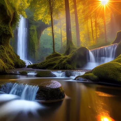 a gorgeous stunning landscape of a waterfall in a forest, summertime, early morning, sunrise, sparkling water, reflection, refractions, ripples, (Highly Detailed, HD), high octane, 8k, high res, dramatic lighting, sharp focus, depth of field, masterpiece, best quality, 3d, photorealistic, high quality textures