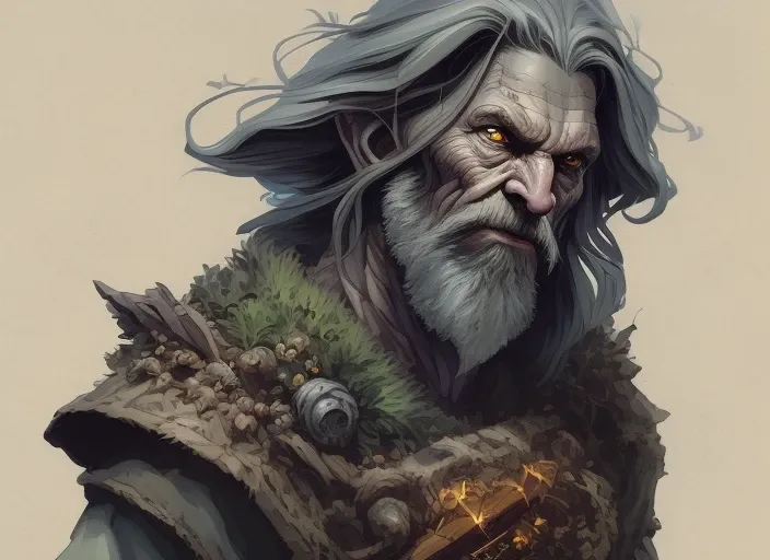 High Angle detailed ((dnd druid man portrait)), Continued , HD, (oil painting:1.1), (comic book art style:1.5),(inked outline:1.3), Stunning, Character, Portrait, (((Looking Sideways))), angular features, (darkgrey Graduated Bob Hair), (muted natural colors:1.3) in painterly style by Jean Baptiste Monge ,