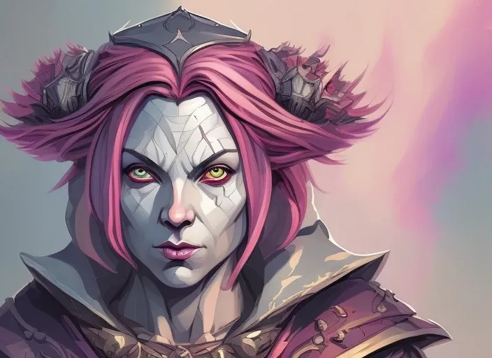 High Angle  detailed ((dnd priest old   portrait)),  Compelled , HD, (oil painting:1.1), (comic book art style:1.5),(inked outline:1.3), Stunning, Character, Portrait, (((Looking Sideways))), angular features, (darkpink Scissor Bob Hair),  (muted natural colors:1.3) in painterly style  , splash art