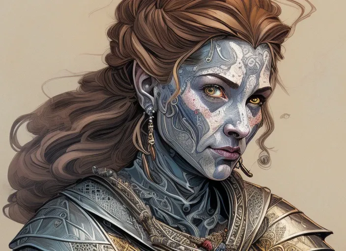 Bird's Eye View detailed ((dnd knight middle aged woman portrait)), happy, HD, (oil painting:1.1), (comic book art style:1.5),(inked outline:1.3), Stunning, Character, Portrait, (((Looking Sideways))), angular features, (darkbrown Braids Hair), (muted natural colors:1.3) in painterly style by Thierry Doizon , splash art