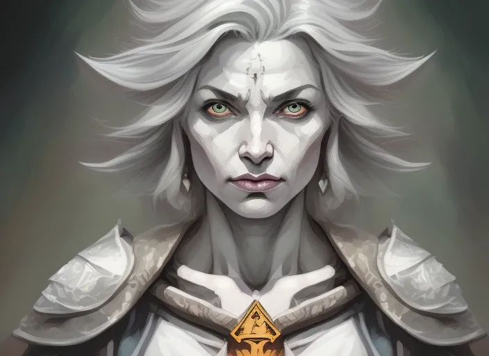 Overhead Shot detailed ((dnd holy woman portrait)), serious, HD, (oil painting:1.1), (comic book art style:1.5),(inked outline:1.3), Stunning, Character, Portrait, (((Looking Sideways))), angular features, (lightgrey Asymmetrical Bob Hair), (muted natural colors:1.3) in painterly style , splash art