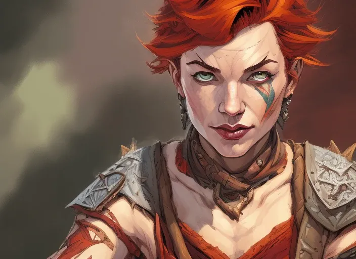detailed ((dnd warrior young Point-of-View (POV) portrait)), amazed, HD, (oil painting:1.1), (comic book style:1.5),(inked outline:1.3), Stunning, Character, Portrait, (((Looking Sideways))), angular features, (Short red Hair), grace, (muted natural colors:1.3) in painterly style by Adam Adamowicz