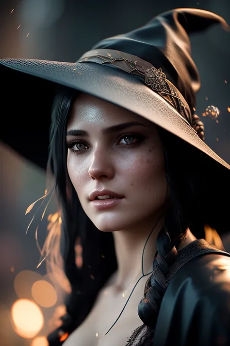 Realistic fullbody shot portrait painting of a beautiful witch in a black see-through witch dress, witch hat, scarf, pastel color, intricate details, fantasy, universe, intricate magical embroidery, broom in hand, very detail hair, very detail eyes, (nsfw:1.2), big breasts, cleavage, garter belt, sexy, blush, rainy background, [elden ring|d & d] concept art, rpg portrait, octane render, cinematic lighting, (soft shadow:1.2), close up, depth of field, splash art, art by wlop and, greg rutkowski