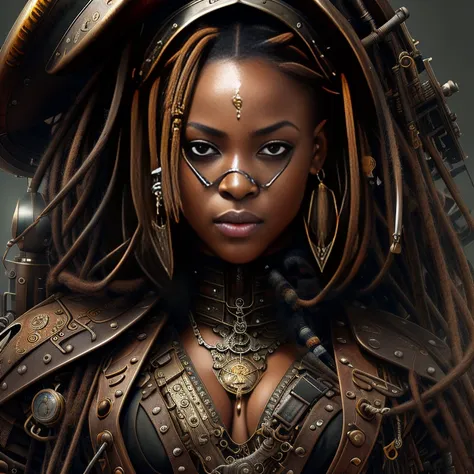 award winning painting, ((african steampunk pirate girl)), (detailed eyes:1.1), (detailed face:1.1), cyberpunk, glossy latex catsuit with holes for eyes and mouth, perfectly symmetrical face, realistic proportions, intricate, abstract, directed gaze, cinematic composition, ultra-detailed, realistic, hyper-realistic, volumetric lighting, 8k, trending on artstation, playboy style by jean-baptiste monge