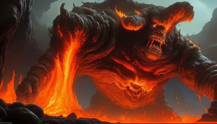 (Painting:1.1) of (Detailed illustration:1.1) A (full body:1.1) shot at 8k resolution, splash art, fantastic comic book style, photorealistic, intense look, detailed wild glowing in a magma pit, anatomical photorealistic digital painting portrait of humanoid (ragnaros) (fire elemental|lava golem|burning stone statue) yelling in a (dark and moody universe:1.1), (open mouth), light particle, very detailed skin, giant, very detailed eyes, (elden ring style:1.1), (world of warcraft style:1.1), concept artist, global illumination, depth of field, splash art, art by artgerm and greg rutkowski and viktoria gavrilenko, action shot, close-up, vomiting fire