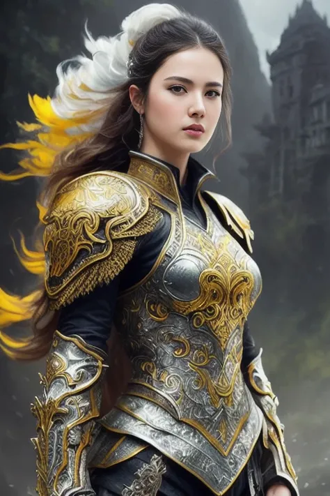 full body, walking pose, slow motion, (warrior:1.2) female wearing full body multiple layer (heavy metal armorr:1.2), (white and yellow metal armor with intricate pattern:1.2), gloves, (insanely detailed, bloom:1.5), (highest quality, Alessandro Casagrande, Greg Rutkowski, Sally Mann, concept art, 4k), (analog:1.2), (high sharpness), (detailed pupils:1.1), (painting:1.1), (digital painting:1.1), detailed face and eyes, Masterpiece, best quality, (highly detailed photo:1.1), 8k, photorealistic, (dark hair color, dynamic hairstyle), (pureerosface_v1:0.1), By jeremy mann, by sandra chevrier, by maciej kuciara, sharp, (ripped body:1.1), realistic, real shadow, (asian castle background:1.2), (by Michelangelo)