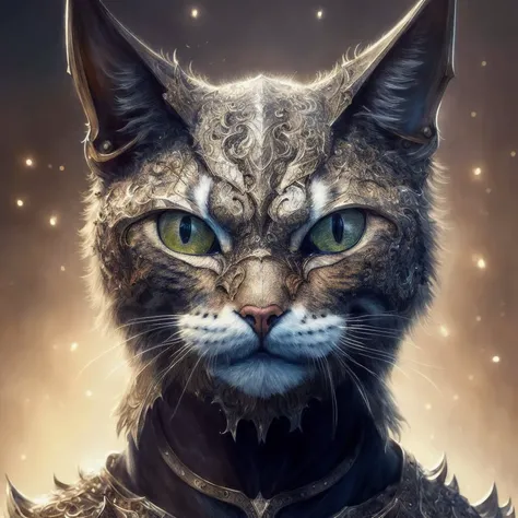(realistic:1.3), poster,intricate details,painting \(artwork\), ((masterpiece,best quality)), ((cinematic light)), cat,hybrid,hyperealistic, scary, dark fantasy \(style\), detailed armor, detailed helmet