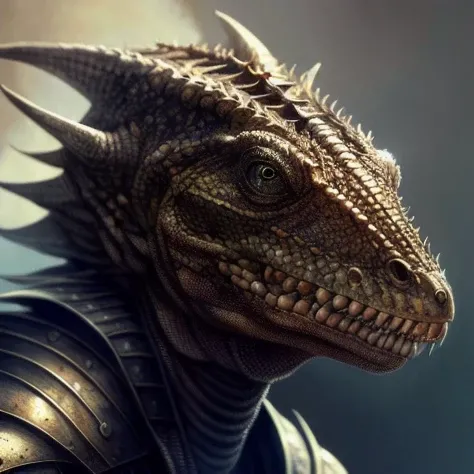 (realistic:1.3), poster,intricate details,painting \(artwork\), ((masterpiece,best quality)), ((cinematic light)), lizard,hybrid,hyperealistic,  scary, dark fantasy  \(style\), detailed armor, detailed helmet