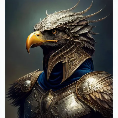 (realistic:1.3), poster,intricate details,painting \(artwork\), ((masterpiece,best quality)), ((cinematic light)), eagle,hybrid,hyperealistic, scary, dark fantasy \(style\), detailed armor, detailed helmet