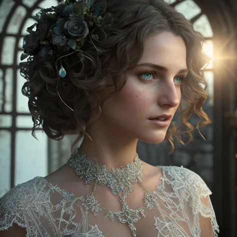 ((masterpiece, best quality)), nude woman, cinematic, (portrait), long hair, perfect body, matte skin, sexy pose, sheer cape tied at the hips, intricate tendril filigree, very fine lace, wreath on head, 8k, HDR, realistic, canon 5d mark 4, aperture 1.2, (skin and eyes super detail: 1.2), steampunk, realistic, in an old crypt, cracks, broken stones, puddles of dirty water, wet through, statue, cinema light, Gothic, realistic, complex stuff around, ((one ray of light)), close up, ((hyperdetailed))