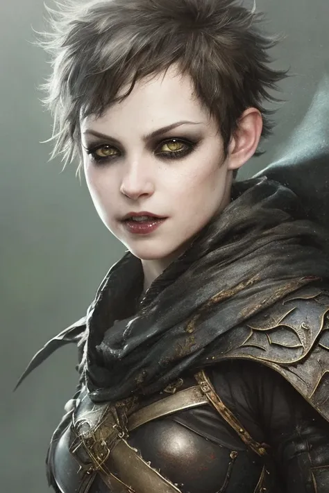 tiny, rogue thief girl, short hair, pale skin, belly button, bigger front teeth, big grey eyes, beautiful detailed eyes, messy make-up, (smirk), (nose blush), leather armor, black cotton hood, cinematic light, dark fantasy background, drawn by Greg Rutkowski, Yoji Shinkawa:0.6
