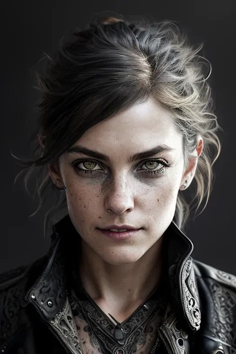 young woman, big grey eyes, rogue thief, tomboy, ((smirk)), intelligent, messy eye makeup, (perfectly shaped eyes), leather tank top, (black coat), (insanely detailed:1.5), Greg Rutkowski, ((detailed pupils)), (beautiful detailed face), ((cinematic look)), soothing tones, intricate details, hyperdetailed, soft cinematic light, dim colors, exposure blend, <lora:epiNoiseoffset_v2:0.8>
