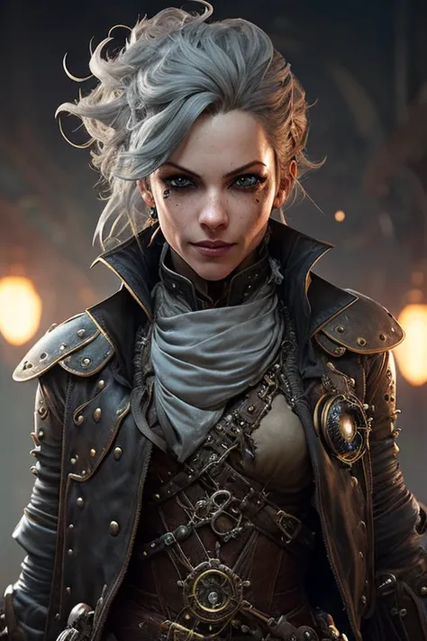 detailed dreadpunk rogue thief girl, petite slim body, leather armor, (smirk:1.1), (nose blush:1.1), (big grey eyes:1.1), (steampunk monocle:1.1), beautiful detailed face, messy hair, cinematic lighting, shot on canon 5d, Greg Rutkowski, Yoji Shinkawa:0.6, <lora:epiNoiseoffset_v2:1.2>