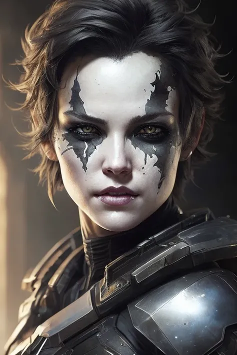 sci-fi, space rogue thief girl, (smirk:1.1), short hair, black hood, light armor, big grey eyes, beautiful detailed eyes, messy make-up, drawn by Greg Rutkowski, Yoji Shinkawa:0.6