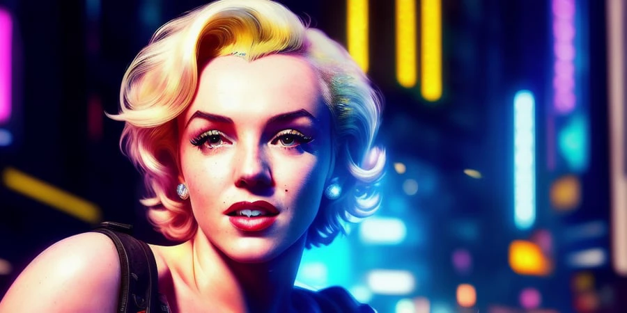 (Cinematic Digital Artwork:1.3) of (Ultra detailed:1.3) close-up head, facing camera, marilyn monroe as cyberpunk girl, walking in city street, cyberpunk 2077, detailed, detailed face and body,CGSociety,ArtStation,(close portrait:1.3),(Feminine:1.4),(beautiful:1.4),(attractive:1.3),handsome,calendar pose,perfectly detailed eyes,studio lighting,thematic background