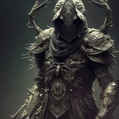 sitting on the throne, king of the dead with a crown of bones, black web robe, web, spiders on armor, with a black blade in his hand, fantasy, dramatic photo, dynamic photo, full body view, blurred background, highly detailed, ultra-realistic, 8k, (realistic:1.3), poster, intricate details, painting \(artwork\), ((masterpiece,best quality)), ((cinematic light)), hyperealistic, fearsome, dark fantasy \(style\), detailed armor, detailed spider helmet, spider head, lots of hands,  lots of eyes, (dark shot:1.17), epic realistic, faded, ((neutral colors)), art, (hdr:1.5), (muted colors:1.2), hyperdetailed, (artstation:1.5), cinematic, warm lights, dramatic light, (intricate details:1.1), complex background, (rutkowski:0.8), (teal and orange:0.4)