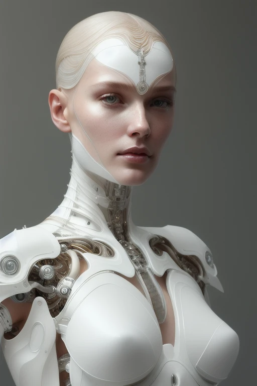 organic cyborg, white plastic, diffuse lighting, fantasy, intricate, elegant, highly detailed, lifelike, photorealistic, digital painting, artstation, illustration, concept art, smooth, sharp focus, art by John Collier and Albert Aublet and Krenz Cushart and Artem Demura