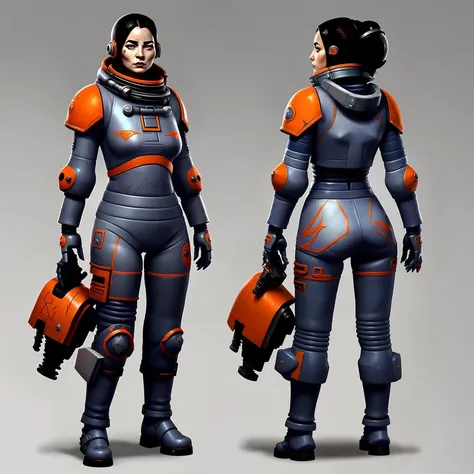 back view of photo of a stylized female astronaut, wearing futuristic glowing suit, tk-char, grey background, <lora:WH40K:0.4>, blue and orange colors