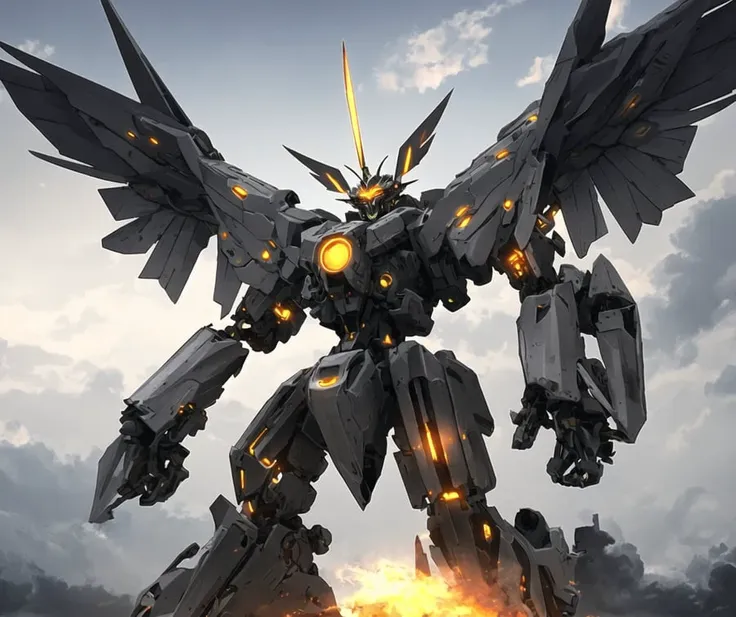 dramatic angle,dynamic angle,an extremely delicate and beautiful mecha, 8k wallpaper,masterpiece,best quality,illustration,mecha, science_fiction, glowing, holding_sword, no_humans, realistic, red_eyes, solo, open_hand, wings, full_body, mechanical_wings, standing, glowing_eye, weapon,  cloud, glowing_eyes, jet, day, sword