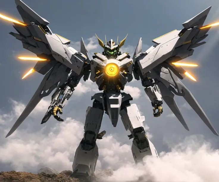 dramatic angle,dynamic angle,an extremely delicate and beautiful mecha, 8k wallpaper,masterpiece,best quality,illustration,mecha,black+gold mechanical body, science_fiction, glowing, holding_gun, no_humans, realistic, red_eyes, solo, open_hand, wings, full_body, mechanical_wings, standing, glowing_eye, weapon, cloud, glowing_eyes, jet, day, sword,flying,sunbeam, sunlight,realistic, broken,dust,smoke