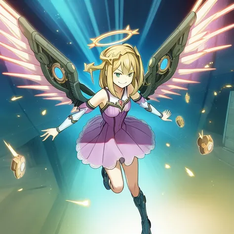 masterpiece, best quality, A cartoon girl ,dodging, smirk, detached wings, floating wings, mechanical halo, official art, yu-gi-oh!