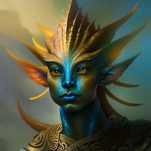 Close-up Portrait of a persian gold Merfolk_Person, Fantasy, Medieval, Volumetric lighting, concept art, brush stroke style, artstation, trending, highly detailed, art by greg rutkowski.