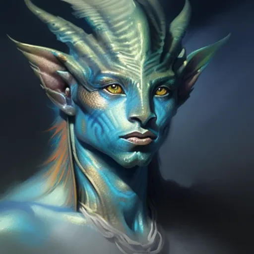 Close-up Portrait of a Assyria silver Merfolk_Person, Fantasy, Medieval, Volumetric lighting, concept art, brush stroke style, artstation, trending, highly detailed, art by greg rutkowski.