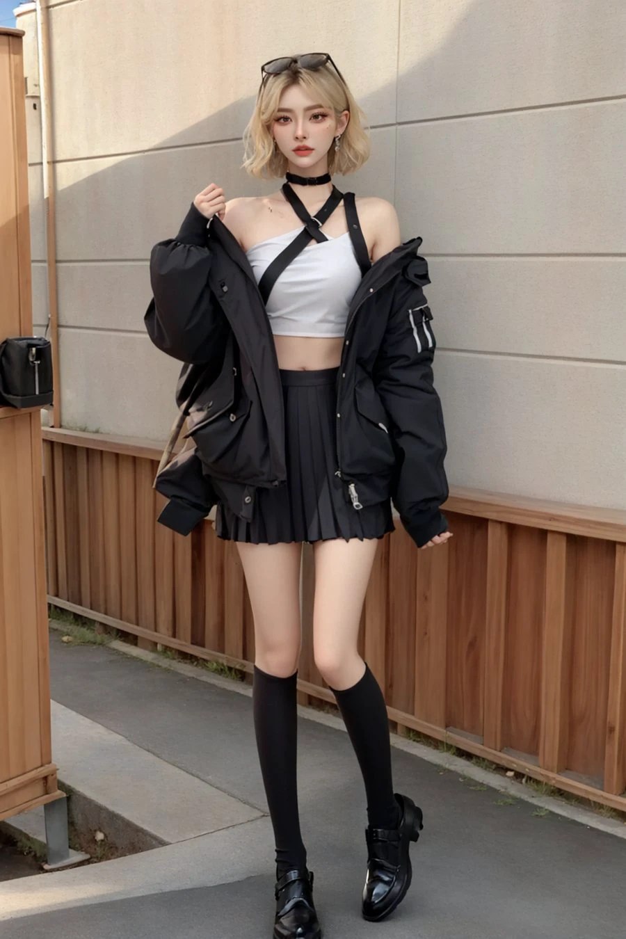masterpiece, best quality, ultra realistic 8k cg, picture-perfect face, flawless, detailed background, concrete, wood, cracks, soft lighting, 
((1girl, solo)), [[ulzzang-6500-v1.1]], hiqcgbody, full body, standing, looking at viewer, angry, blush, (blonde hair, short hair, glossy lips, sweat), bomber jacket, off shoulder, crop top, sleeves past wrists, pleated skirt, chocker, earrings, kneehighs, mary janes, solo focus,
<lora:nini:0.8>,  <lora:hipoly3DModelLora_v10:0.6>,