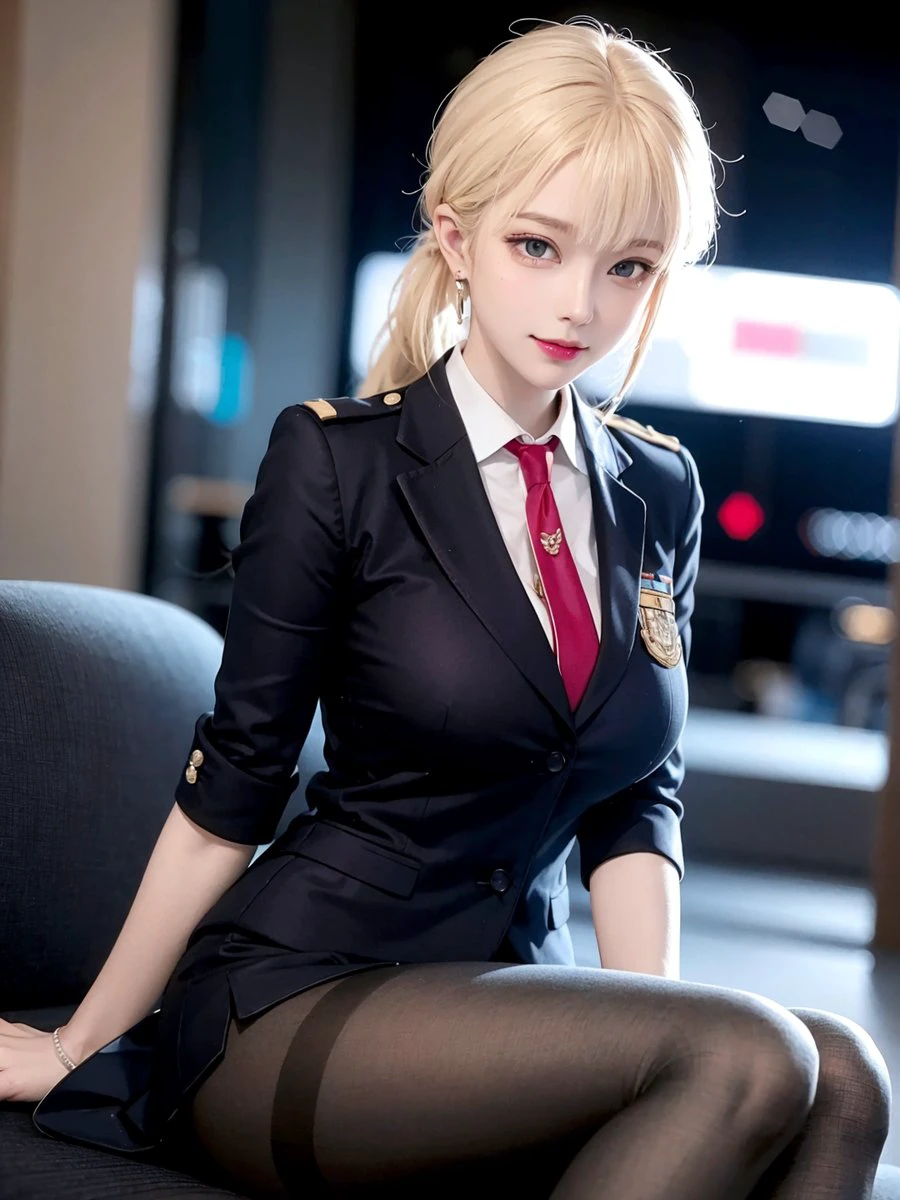 (masterpiece), best quality, highest quality, detailed and intricate, original,highres,
\\
(yo),extremely detailed_eyes, sexy,breasts,
(eyeliner:0.5),(blush:0.5),blonde hair,simple diamond earrings,detailed skin, ponytail,
looking at viewer, light smile, fingernails,
\\
flight attendant uniform, (black pantyhose:1.1),black high heels, uniform,
dynamic pose,perfect anatomy,
\\
airport, lounge,
\\
(depth of field:1.1),lo:0.1,realistic:1.3,
(ambient light:1),(cinematic composition:1.3),