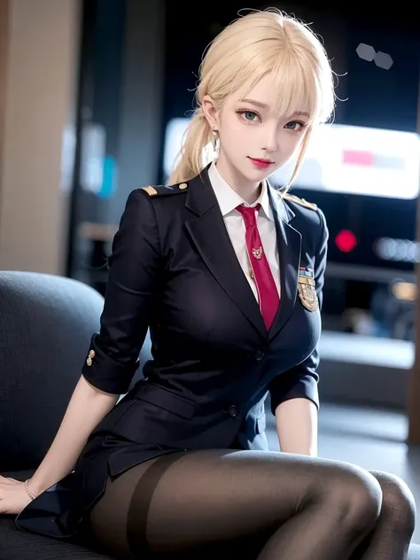 (masterpiece), best quality, highest quality,  detailed and intricate, original,highres,
\\
(****),extremely detailed_eyes, sexy,breasts,
(eyeliner:0.5),(blush:0.5),blonde hair,simple diamond earrings,detailed skin,  ponytail, 
looking at viewer, light smile, fingernails, 

\\
flight attendant uniform, (black pantyhose:1.1),black high heels, uniform,
dynamic pose,perfect anatomy,
\\
airport, lounge,
\\
(depth of field:1.1),****:0.1,realistic:1.3,
(ambient light:1),(cinematic composition:1.3),