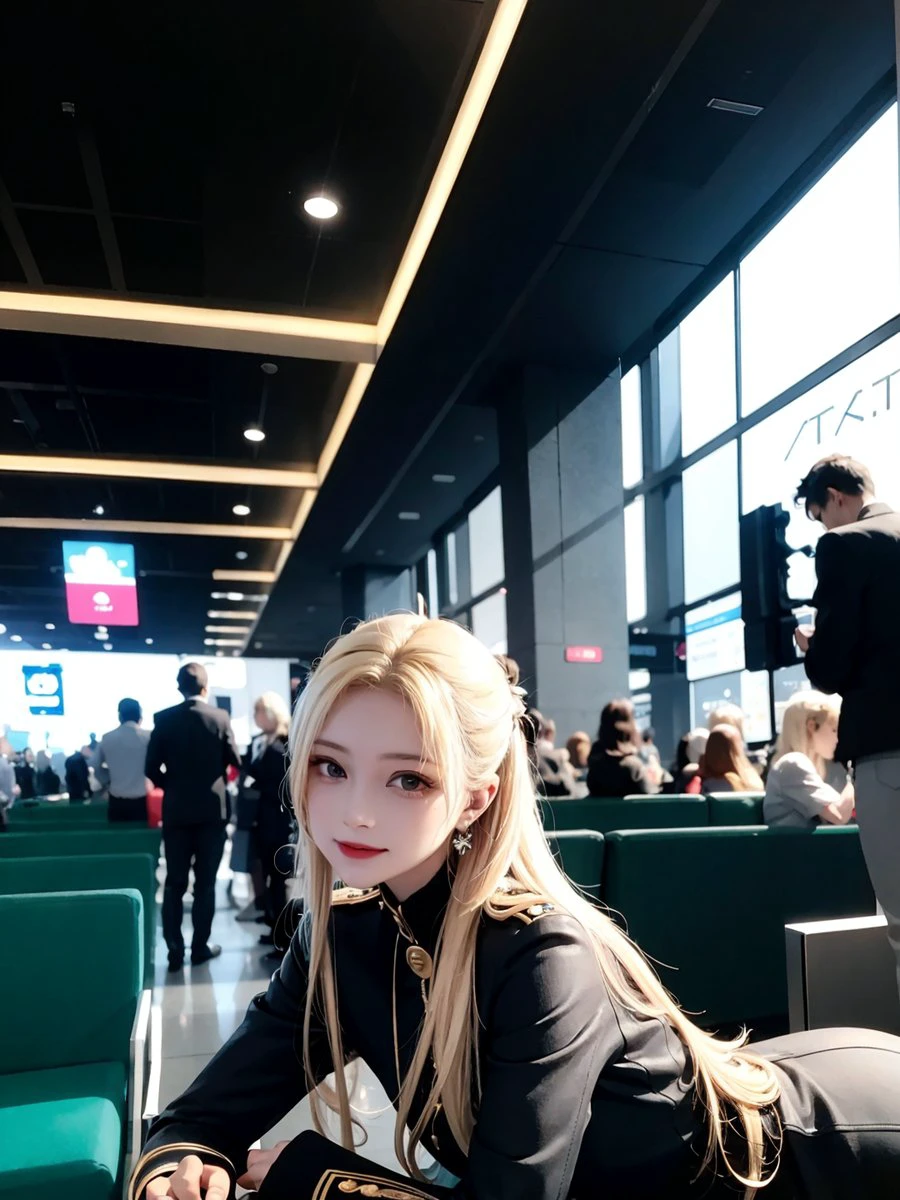 (masterpiece), best quality, highest quality, detailed and intricate, original,highres,
\\
(yo),extremely detailed_eyes,
(eyeliner:0.5),(blush:0.5),blonde hair,simple diamond earrings,detailed skin, ponytail,
looking at viewer, light smile,
\\
flight uniform, (black pantyhose:1.1),
perfect anatomy,
\\
airport, lounge,
\\
(depth of field:1.1),lo:0.1,realistic:1.3,
(ambient light:1),(cinematic composition:1.3),