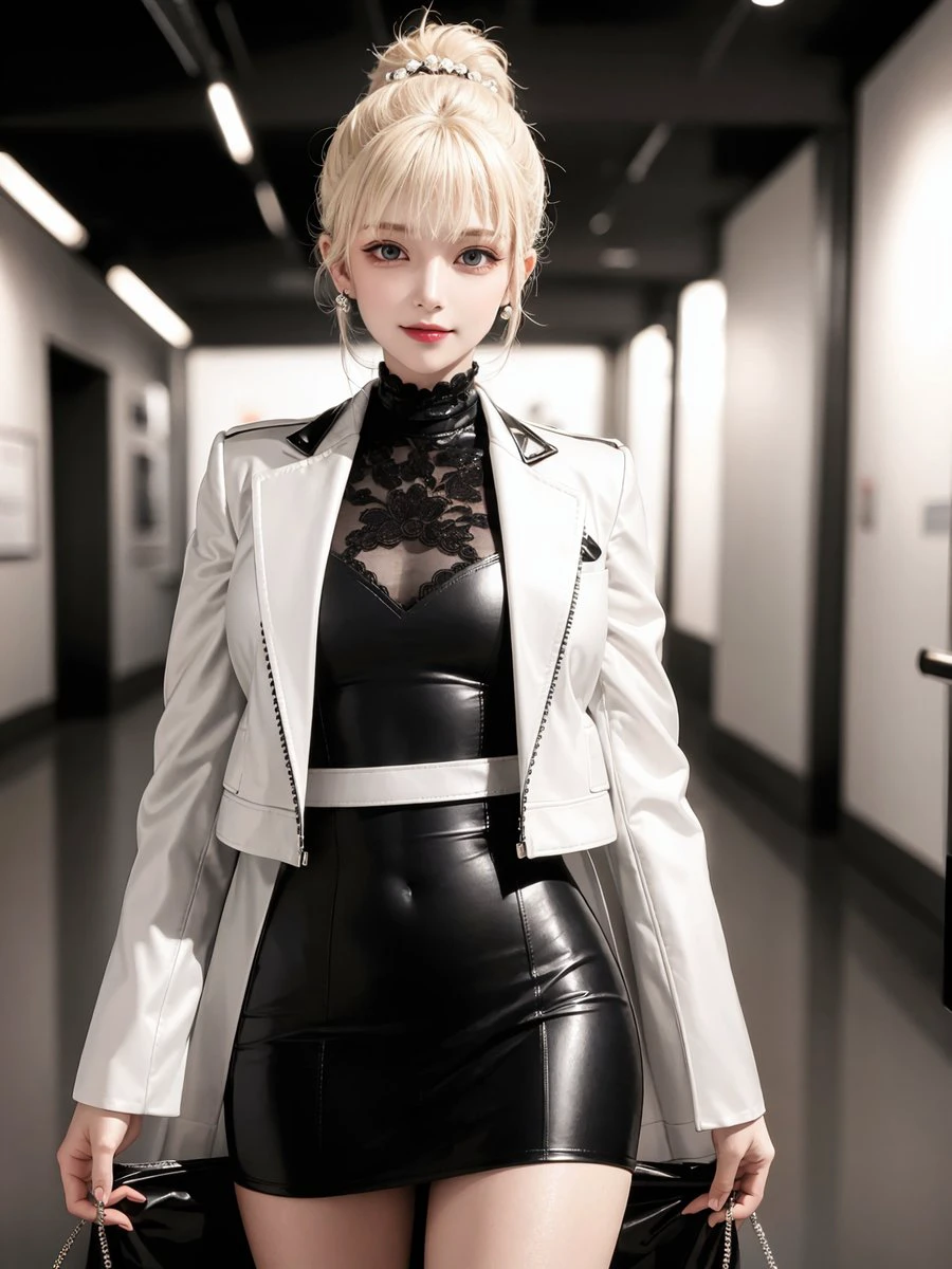 (masterpiece), best quality, highest quality, detailed and intricate, original,highres,
\\
(yo),extremely detailed_eyes, slim head,
(eyeliner:0.5),(blush:0.5),blonde hair,simple diamond earrings,detailed skin, ponytail,
looking at viewer, light smile,
\\
leather suit jacket, lace tube dress,white leather mini-skirt,
standing,perfect anatomy,
\\
museum,
\\
(depth of field:1.1),realistic,
(ambient light:1),(cinematic composition:1.3),
