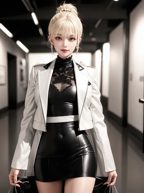 (masterpiece), best quality, highest quality, detailed and intricate, original,highres,
\\
(****),extremely detailed_eyes, slim head,
(eyeliner:0.5),(blush:0.5),blonde hair,simple diamond earrings,detailed skin, ponytail,
looking at viewer, light smile,
\\
 leather suit jacket, lace tube dress,white leather mini-skirt,
standing,perfect anatomy,
\\
museum, 
\\
(depth of field:1.1),realistic,
(ambient light:1),(cinematic composition:1.3),