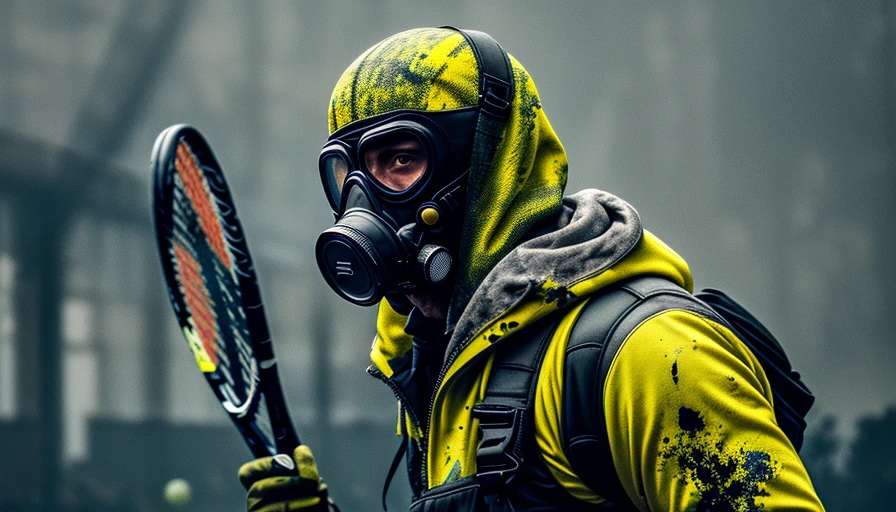 paint splatters, deadly stalker from chernobyl in a gasmask (playing tennis), racket, tennisballs, weathered, futuristic, very detailed, portrait, sharp focus, photograph, cinematic lighting, octane render, 4k, bokeh, , by Larry Kelly, action shot