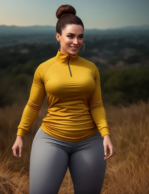 woman at the top of the hill, in a tracksuit, taken from behind, (voluptuous body build), professional photographer, kodak, dressed, bun, Aheago, rolling eyes, open mouth, full smile, at nightfall, (hdr:1.4), digital painting, (cinematic lighting:1.2), masterpiece, ultra-realistic 8k, perfect artwork, intrincate details, cute face, lights, colorful, award winning photograph, golden hour, in tall long field