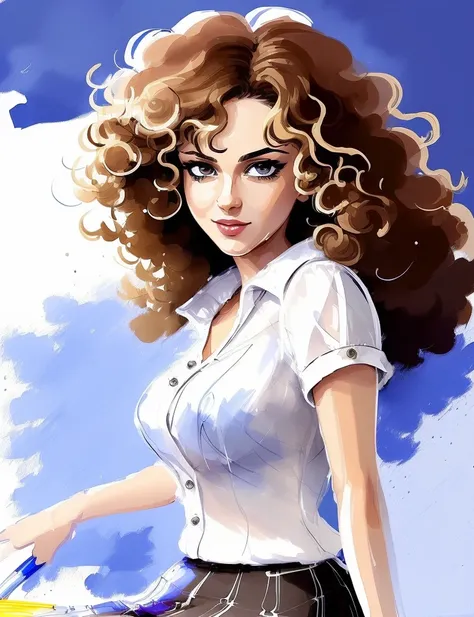 ((speed painting:1.4)), vector, graphic novel, woman with curly hair wearing a skirt and blouse with detailed seductive alluring eyes in a modern bedroom,