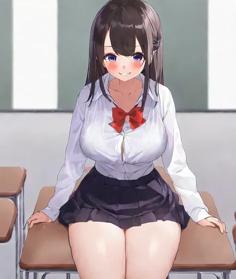 by kaisen chuui, 1girl, solo, white collared shirt, smile, anatomy, looking at viewer, classroom, skirt, thighs, sitting