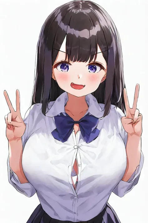 bangs, by kaisen chuui, 1girl, solo, white collared shirt, smile, simple background, anatomy, upper body, looking at viewer, smug, fang, peace sign