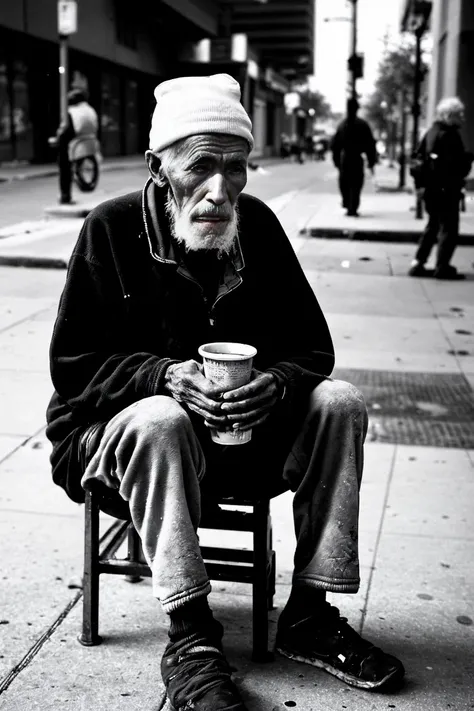 Black and white high-resolution street photograph of an elderly homeless man with a sad expression sitting on the sidewalk. The man is holding a cup, asking for change. The urban environment in the background adds to the sense of poverty and desperation.