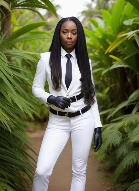 RAW photo, 1girl, (gloves:1.1), photography of an african queen, long hair, black hair, (white suit:1.1), (tie:1.1), (jeans:1.1), belt, looking at viewer, jungle, green background, standing, (high detailed skin:1.2), 8k uhd, dslr, soft lighting, high quality, film grain, Fujifilm XT3
