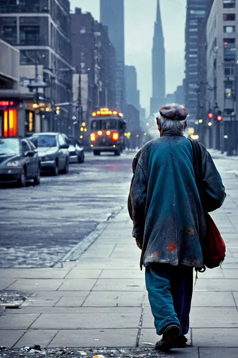 Color high-resolution street photograph of an elderly homeless man with a sad expression walking down a busy street. The man is carrying a worn backpack and is wearing a tattered overcoat. The cityscape in the background adds to the sense of loss and loneliness.