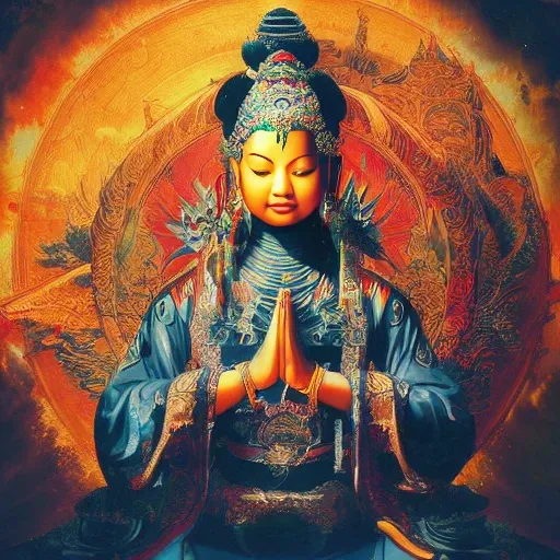 (ultra photorealistic:1.3), extremely high quality high detail RAW color photo, in locations,, Diving Into The Ether Flowing with The Eternal Soul Through Vibration of love, everything is connected, sitting in a lotus position, Flowing energy, Spiritual, divine, dreamlike, cosmic, concept art, mind blowing, feminine beauty, god, pineal gland, dreamlikeart By jeremy mann, by sandra chevrier, by maciej kuciara, sharp, realistic, real shadow, (Chinese castle background:1.2), (by Michelangelo,