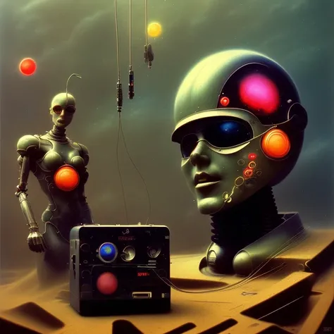 A retrofuturistic scene of an arcade wired mess on synthesizer, mechanical delay, wiring components, ultrago austin metal wiring, iris van Buren, Karol Bak, Kiichi Obituary by Beksinski, david falls fanart robot machine