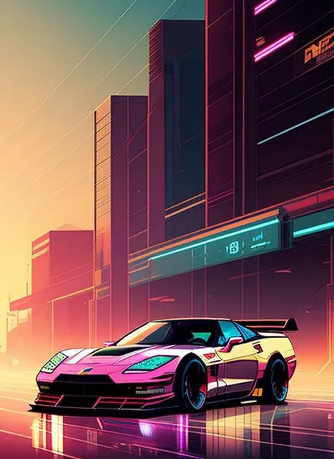 (nvinkpunk:1.2) (snthwve style:0.8) corvette, lightwave, sunset, intricate, highly detailed