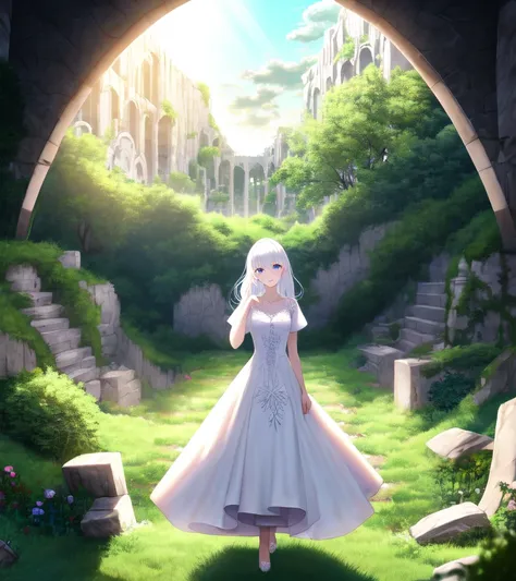 absurdres, masterpiece, highres, cinematic, full HD, 8k, intricate detail, ultra detailed, 1girl, solo, white hair, purple eyes, outdoors, dress, white dress, looking at viewer, scenery, ruins, long hair, grass, bangs, day, overgrown, short hair, standing, blue eyes, hair between eyes, sunlight, long sleeves, building, sky, post-apocalypse, plant, hand up, window, short sleeves, railing, wide shot, closed mouth, stairs, smile, moss, sunset