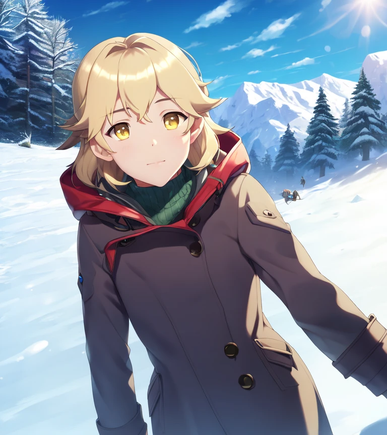 masterpiece, highest quality, oshino shinobu, monogatari \(series\), anime, masterpiece, highest quality, coat, yellow eyes, blonde air, flat chest, field, snow, medium hair