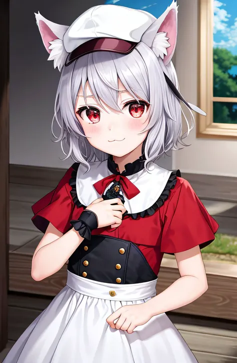 vector art with clean lines, well-put-together art, 1girl, :3, ?, chibi, bangs, blush, close-up, closed_mouth, eyebrows_visible_through_hair, hair_between_eyes, hat, heart, inubashiri_momiji, looking_at_viewer, red_eyes, short_hair, silver_hair, solo, tokin_hat, white_hair, wolf_ears, upper_body, no mistakes in the artwork, the artwork is a masterpiece with no flaws, is the best and highest quality art in the anime style, the most beautiful anime style art ever seen, award winning anime that is visually stunning, the art has the best transition between two shapes of colors, depth, art that was drawn by a pro artist